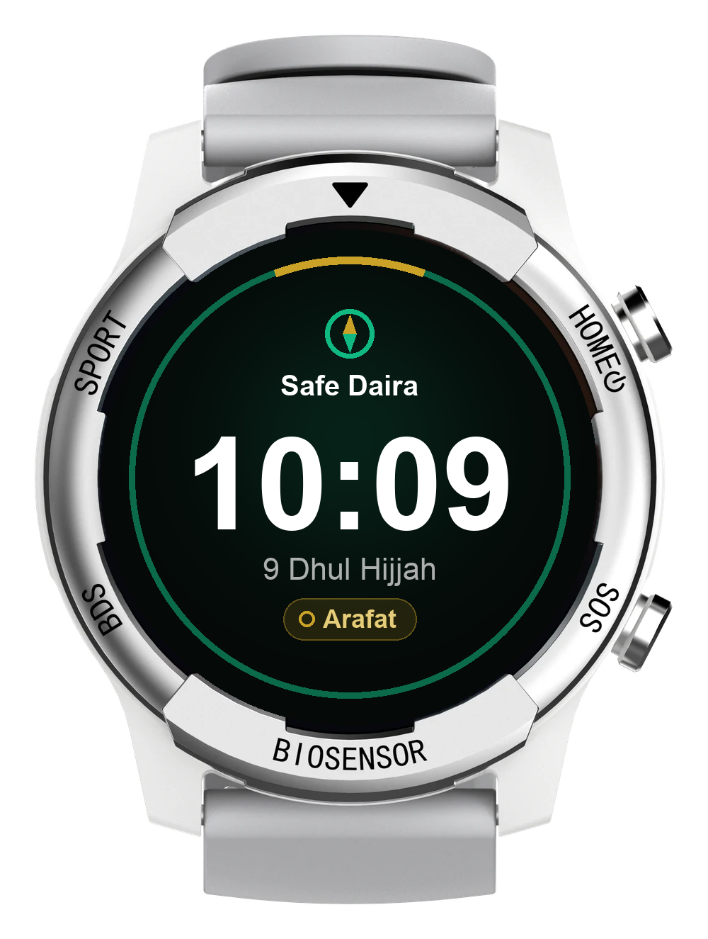 The Safe Daira watch: a round 4G safety watch with a white case, a side SOS key and a dark dial showing the time, the Hajj date and the wearer’s location.